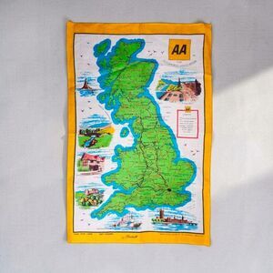 Vintage AA Automobile Association Great Britain Map Linen Wall Hanging Yellow